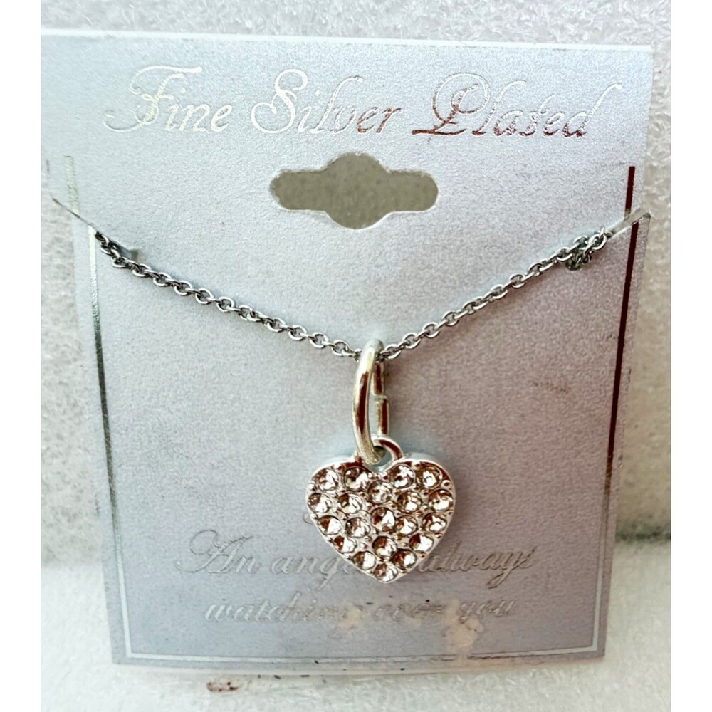 NWT Fine Silver Plated Crystal Rhinestone Pave Heart Pendant Necklace